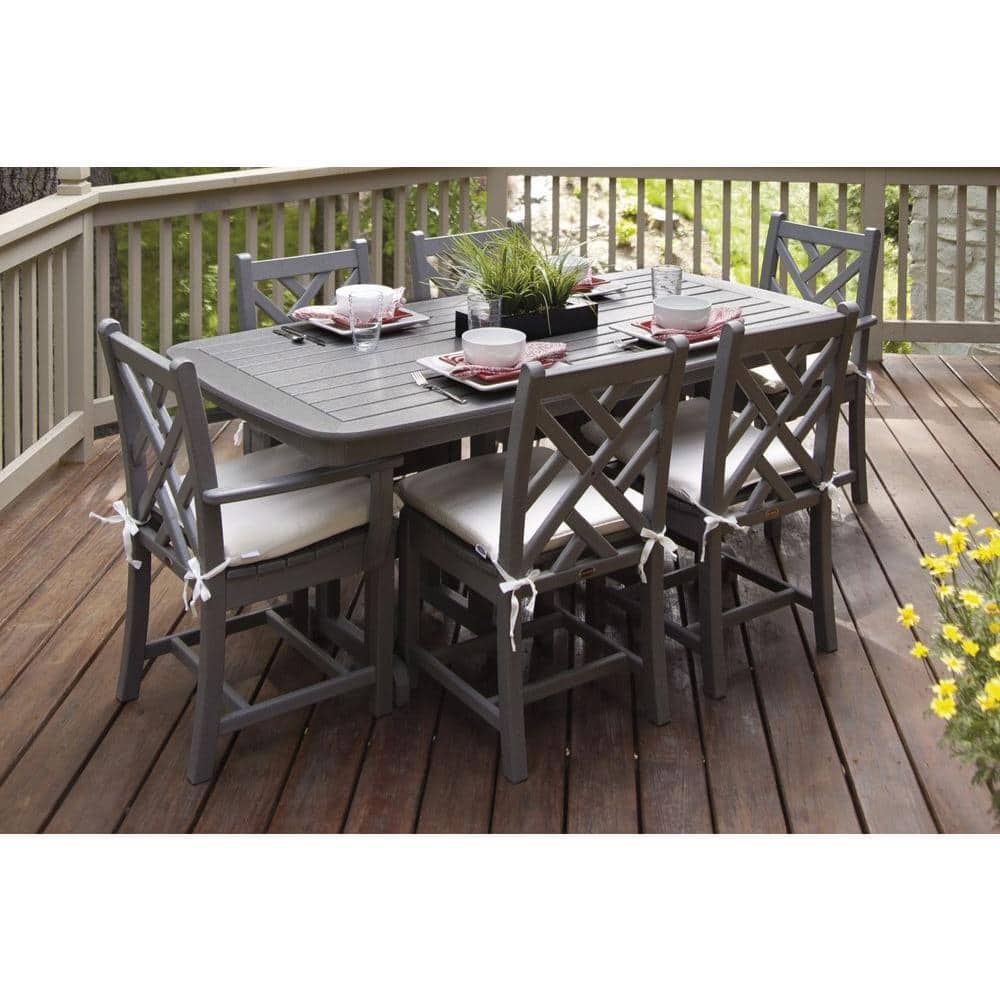 Polywood Chippendale Slate Grey 7 Piece Plastic Outdoor Patio Dining Set With Sunbrella Bird S Eye Cushions Pws121 2 Gy5472 The Home Depot