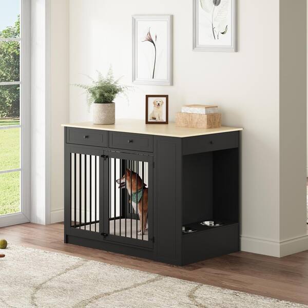 Wooden Heavy-Duty Dog House Crate, Decorative Dog Kennel Furniture Dog Cage with Three Drawers and Dog Bowls, Black