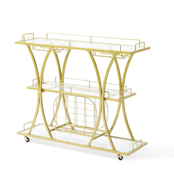 SKYSHALO Kitchen Cart Gold, 3-Tiers Home Bar Serving Cart on Lockable Wheels, Rolling Alcohol Cart with Tempered Glass Shelves