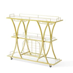 Kitchen Cart Gold, 3-Tiers Home Bar Serving Cart on Lockable Wheels, Rolling Alcohol Cart with Tempered Glass Shelves