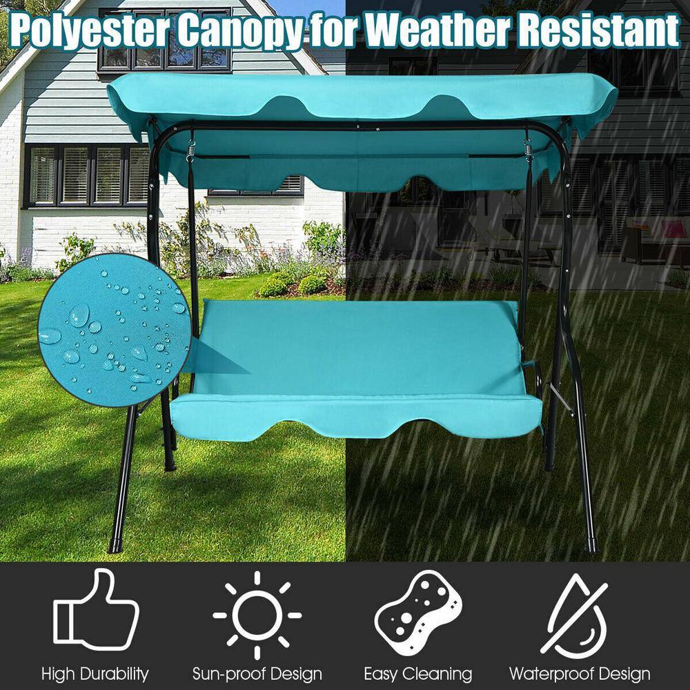Turquoise 3-Person Steel Outdoor Patio Swing with Canopy
