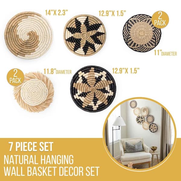 Woven Wall Basket Decor-Hanging Natural Wicker Seagrass Flat Baskets,Round  Ethnic Boho Wall Circle Wicker Basket Decoration For Living