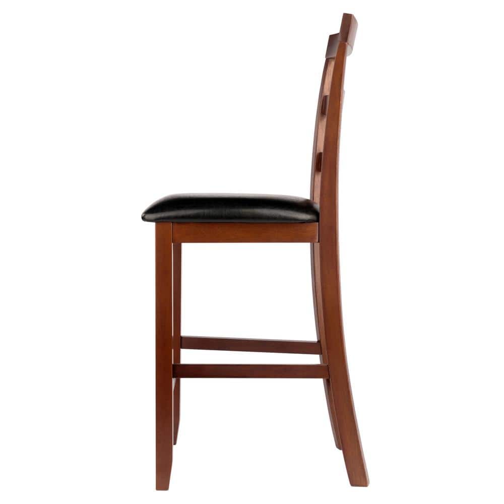 Walnut Wood & Black Leather Transitional Counter Stools, Set of 2