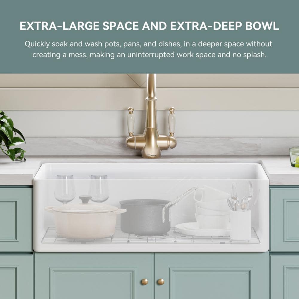 White Fireclay 33" Farmhouse Apron Front Single Bowl Kitchen Sink