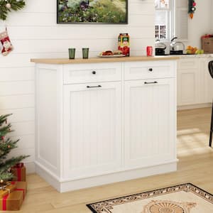 White Wood 39 in. Kitchen Island with 2-Drawers and 2-Compartment Tilt-Out Trash Cabinet