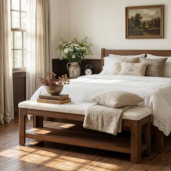 Corinita 55.12 in. WhiteandBrown Solid Wood Bedroom Bench with 2-Tier Storage and Soft Cushion for Bedroom,Dining Room
