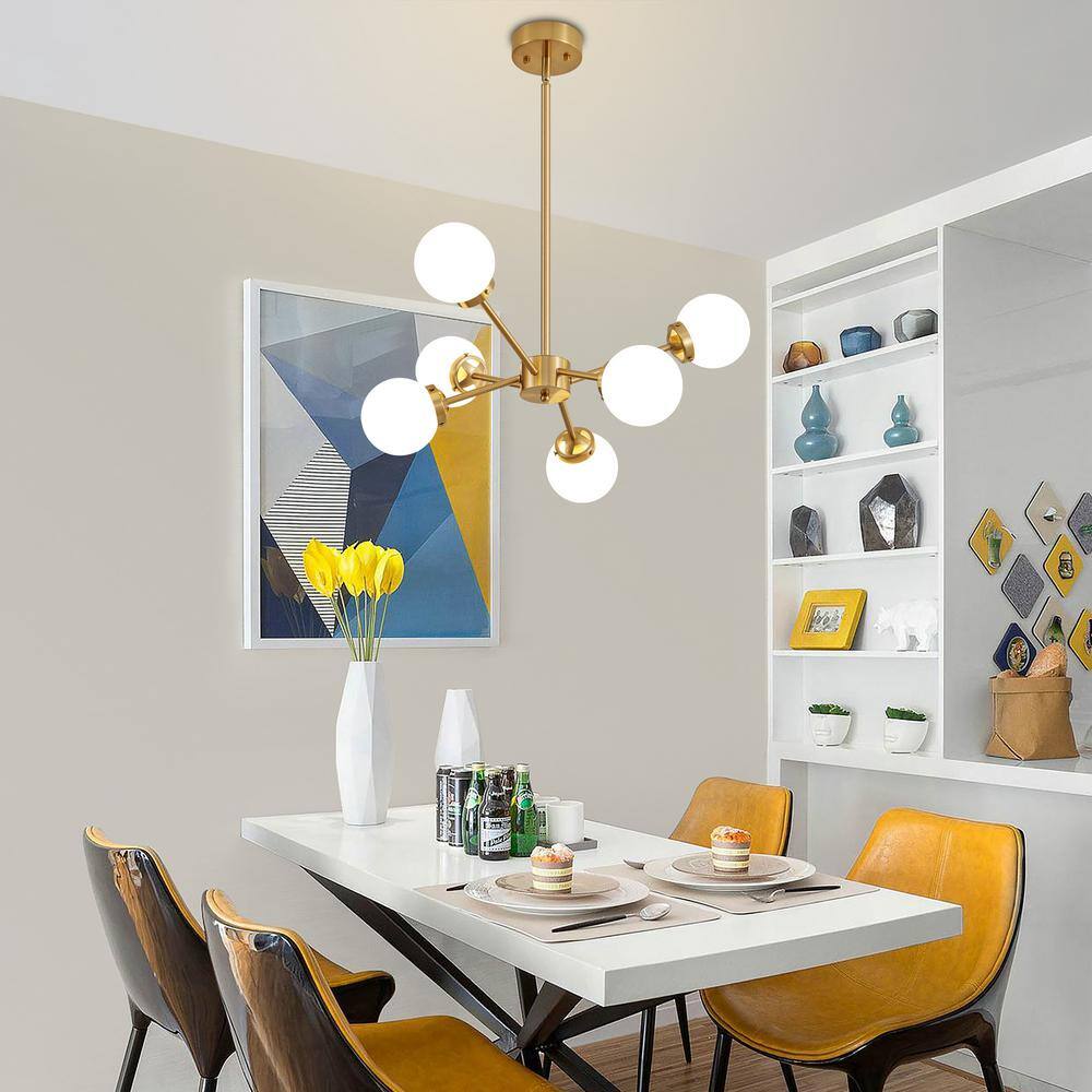 Adjustable Brass Sputnik Chandelier with Milk Glass Shades