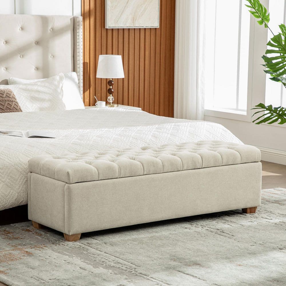 Jane Tufted Beige Chenille Upholstered Accent Ottoman Storage Bench with Flip-Top Lid