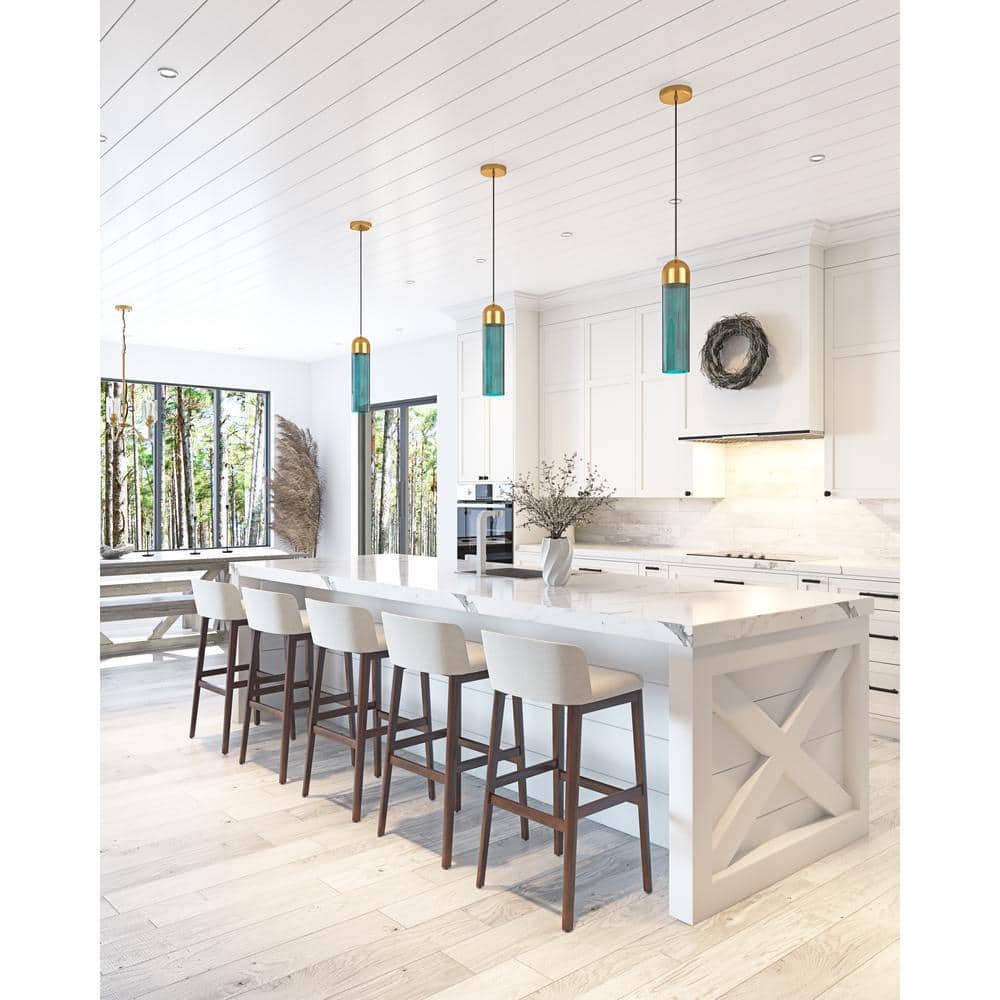 Modern Green Glass Cylinder Pendant Light with Gold Finish