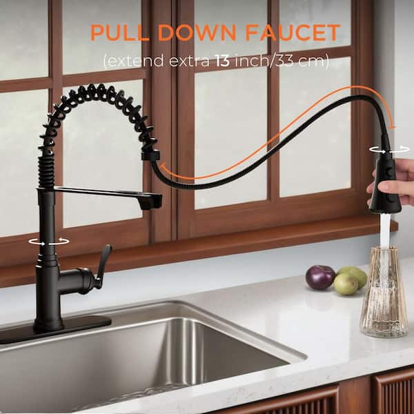 Single Handle Pull Down Sprayer Kitchen Faucet with Deck Plate in Matte Black