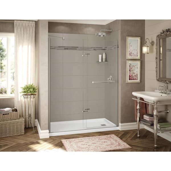 MAAX Utile Origin 32 in. x 60 in. x 83.5 in. Alcove Shower Stall in Greige with Right Drain Base in White