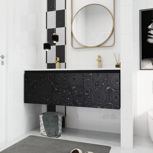 FAMYYT 48 in. W x 18.3 in. D x 17.3 in. H Modern Double Sinks Floating Bath Vanity in Black with White Ceramic Top