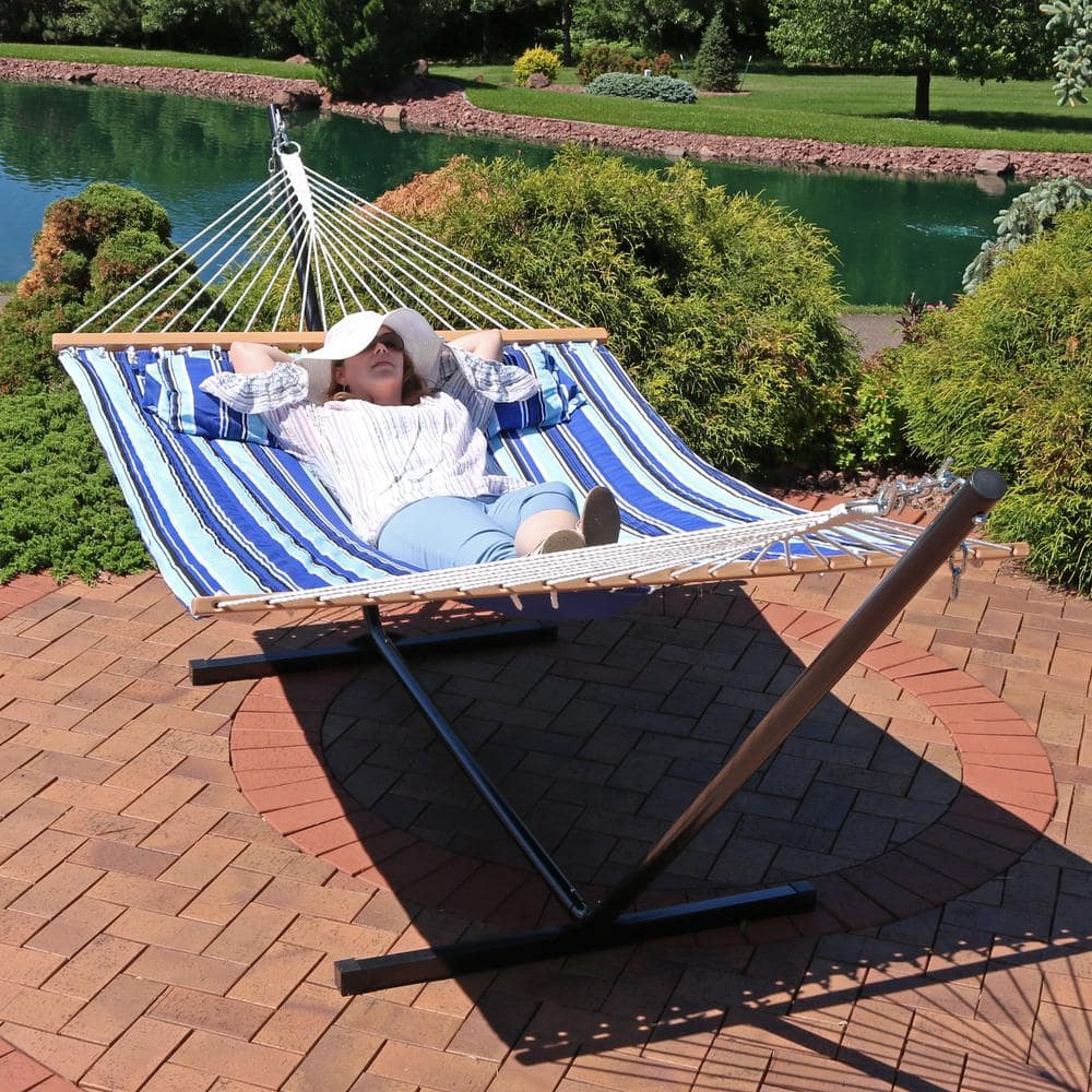 Catalina Beach Blue Quilted Polyester Hammock with 12ft Black Steel Stand