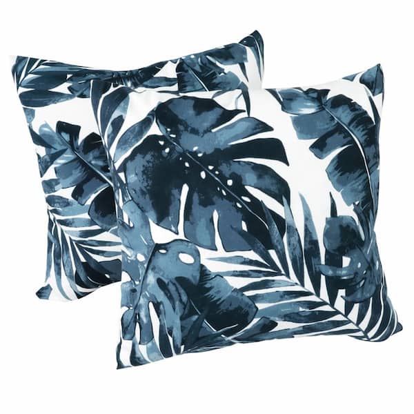 2-Pack Blue Big leaf Outdoor Throw Pillows, 18 x 18 in. Waterproof Pillows for Patio