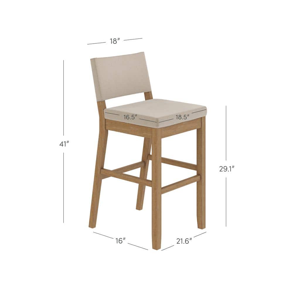 Linus Light Brown Rubberwood Bar Stool with Flax Upholstery