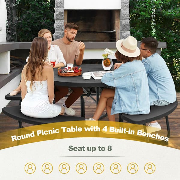 WELLFOR 75 in. Black Round HDPE Picnic Table and Bench Set Seats 8