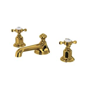 Edwardian 8 in. Widespread Double-Handle Bathroom Faucet with Drain Kit Included in Unlacquered Brass