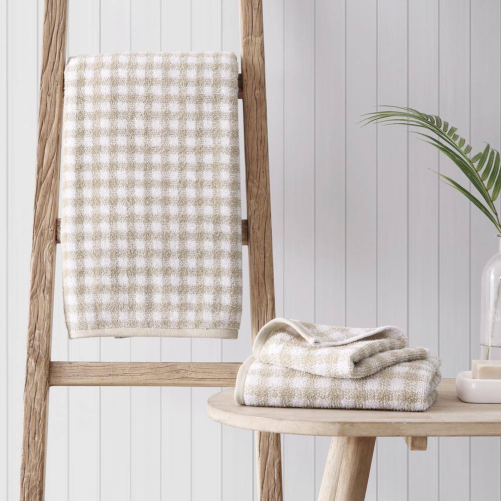 Beige and White Gingham Cotton Towel Set, 3 Pieces