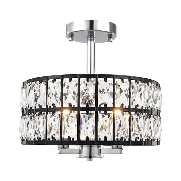 ADSENSTY 12.59 in. 3-Light Black and Chrome Modern Drum Semi-Flush Mount Light With Clear Crystal Glass Shade