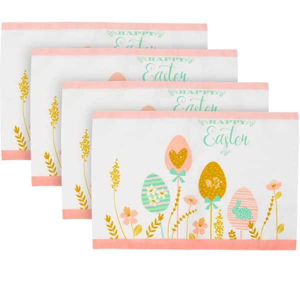 Pastel Eggs Happy Easter Floral Polyester Placemats- 12 in. x 18 in.-White and Pink-Set of 4