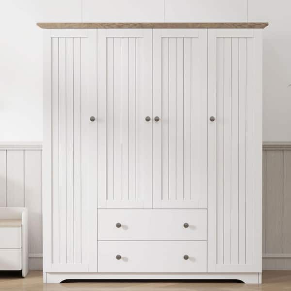 Farmhouse White Solid Wood 60.6 in. Armoire with 4 Doors and 2 Drawers
