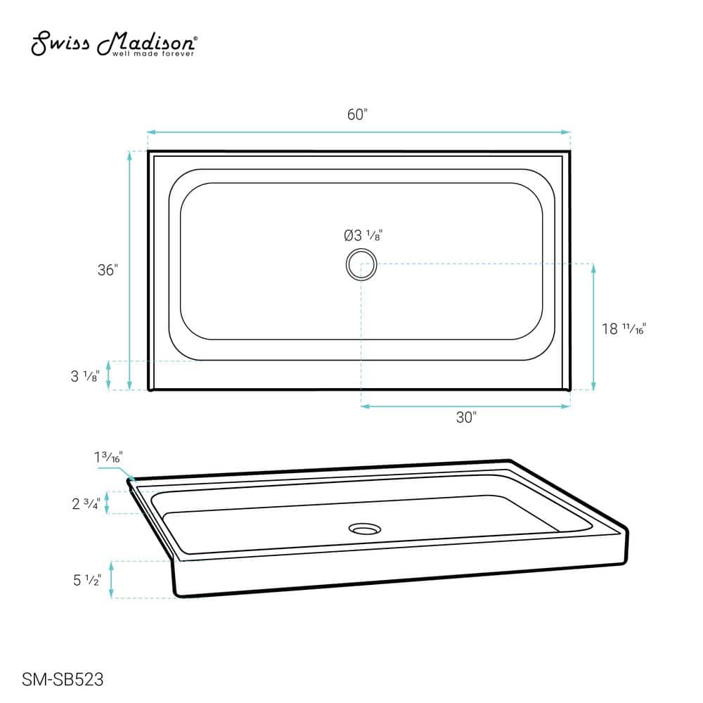 Voltaire 60" x 36" Glossy White Acrylic Shower Base