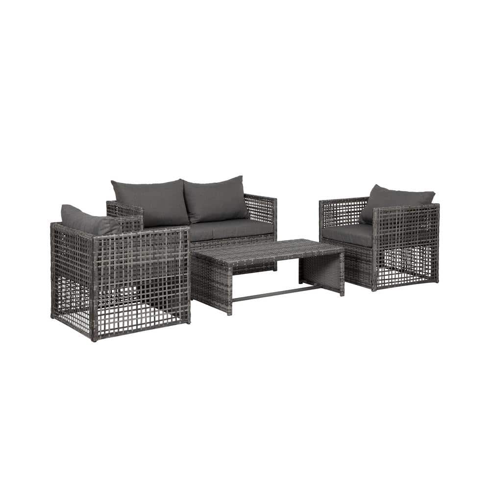 Gray 4-Piece Cushioned Rattan Patio Furniture Set with Steel Frame
