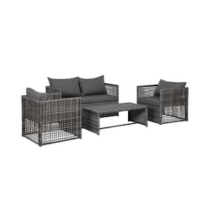 Leah 4-Piece Woven Wicker Patio Conversation Set with Gray Cushions