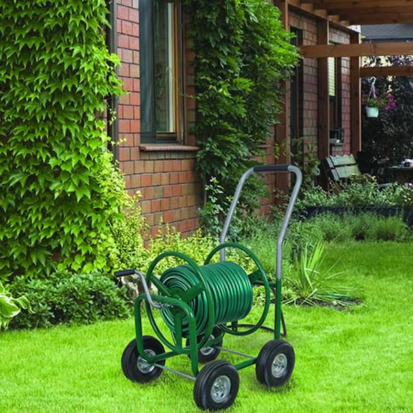 Garden Hose Reel Cart with 4 Wheels 5/8Inch x 300ft Frame Material  Stainless Steel Classic Water hose reel mobile carts Watering Outdoor