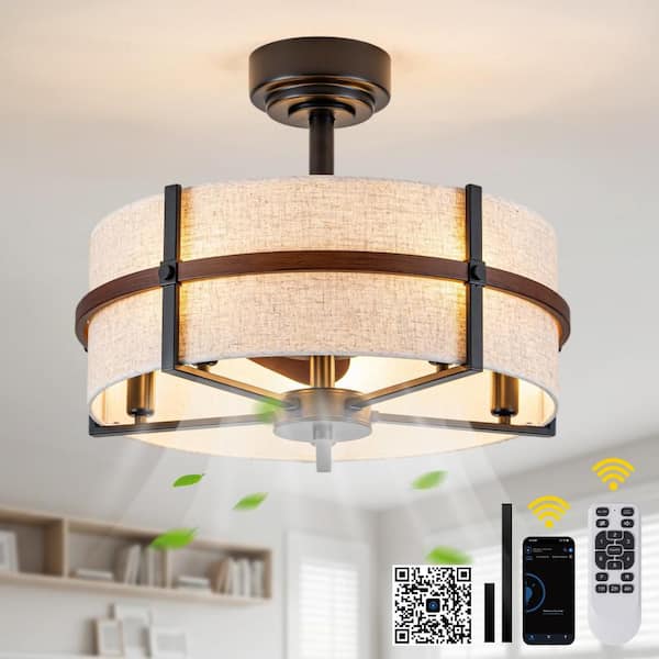 Dalles 20 in. Indoor Matte Black Farmhouse Drum Ceiling Fan with Lights, Downrod 6-Speed Smart Ceiling Fan with Remote