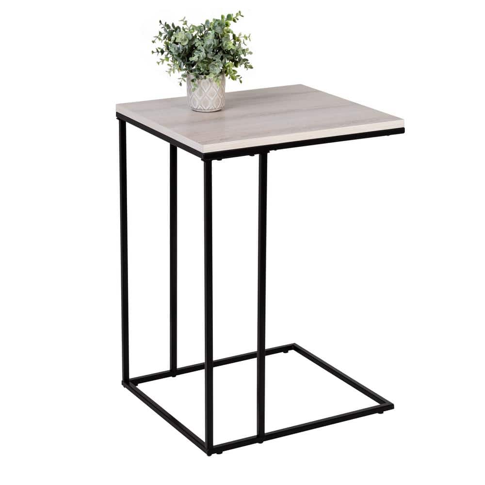 Natural Wood Grain and Matte Black Metal Square C-Shape End Table