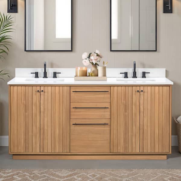 Parker 73 in. Double Sink Natural Teak Bath Vanity with White Engineered Stone Top