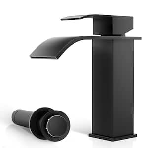 Waterfall Bathroom Sink Faucet Single Hole  One Handle, Square Basin Faucet with Metal Pop-up Drain Matte Black