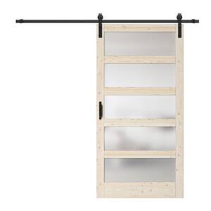 42 in. x 84 in. 5-Lite Tempered Frosted Glass and Solid Pine Wood Unfinished Barn Door Slab with Hardware Kit
