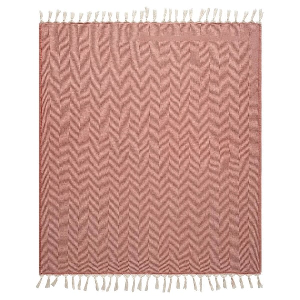 Unbranded Averie Cinnamon Orange/Cream Herringbone Farmhouse All Natural Turkish Cotton Throw Blanket
