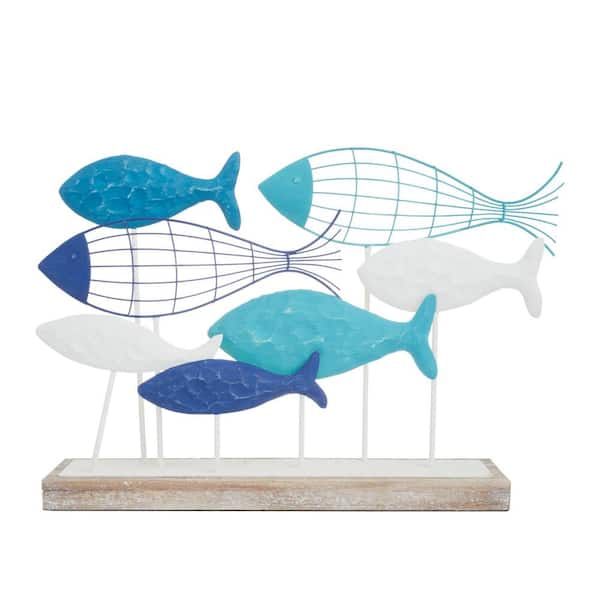 Litton Lane 6 in. x 15 in. Blue Metal Fish Sculpture
