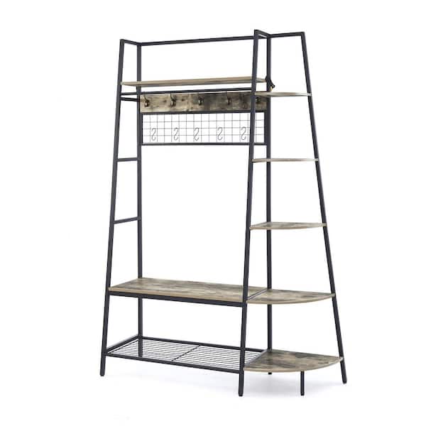 Amucolo Gray Entryway Coat Rack Hall Tree with Bookshelves; Multiple Hooks; and Bench Seat