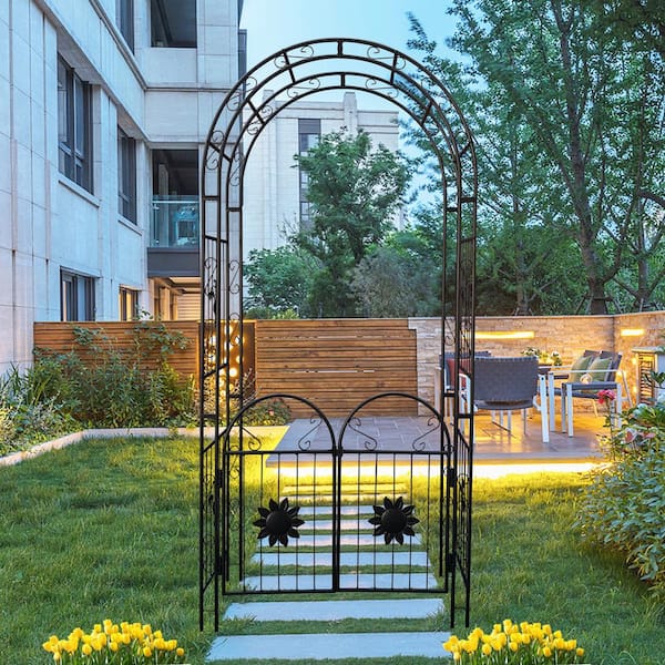 AUTMOON 98 in. Metal Garden Arch Garden Arbor Trellis with Door, Climbing Plants Support Wedding Archway, Black