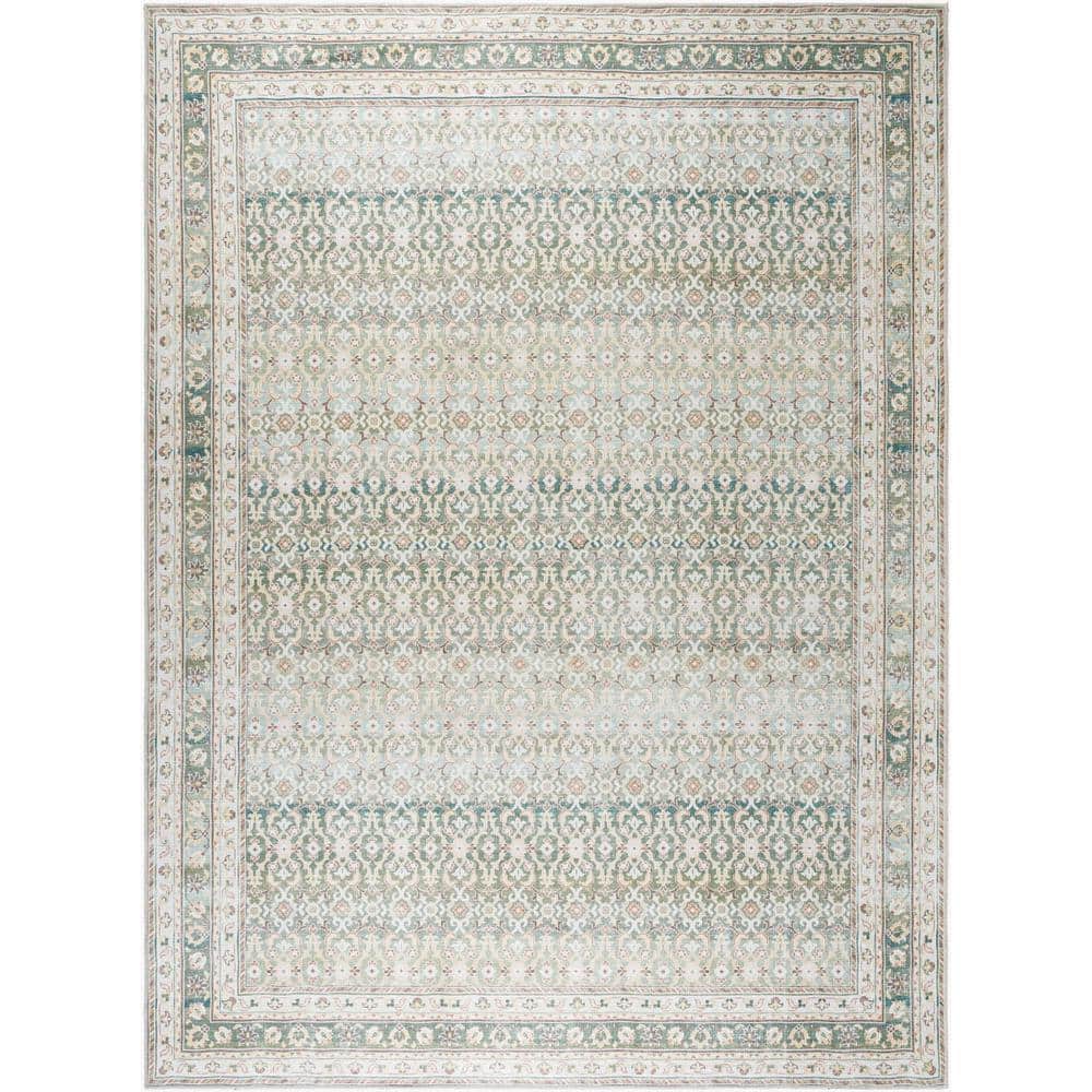 Green and Beige Polyester Low Pile Washable Runner Rug