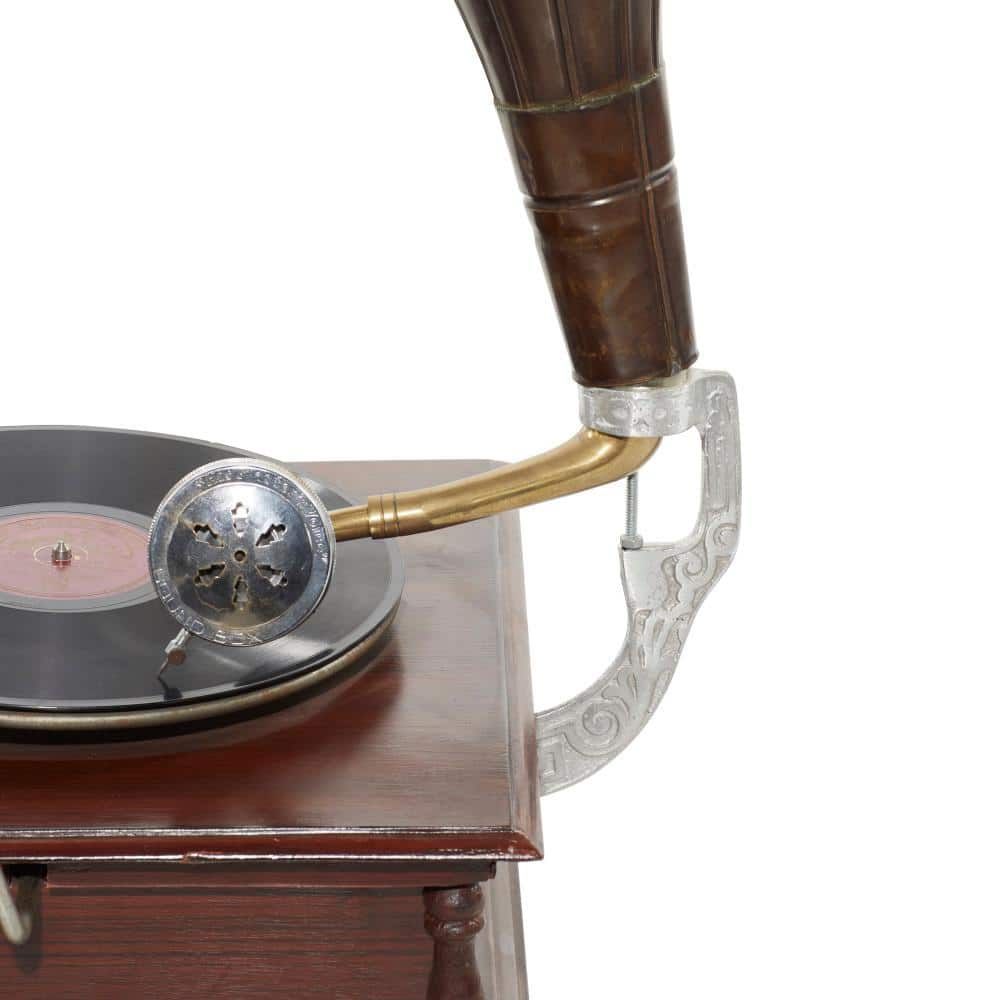 Vintage Brown Wood and Metal Gramophone with Record