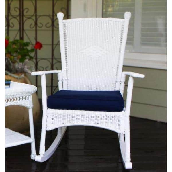 Portside Coastal White Wicker Rocking Chair with Navy Cushion