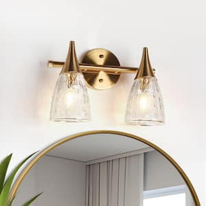 Modern 13 in. 2-Light Plated Brass Vanity Light with Clear Water Glass Shades