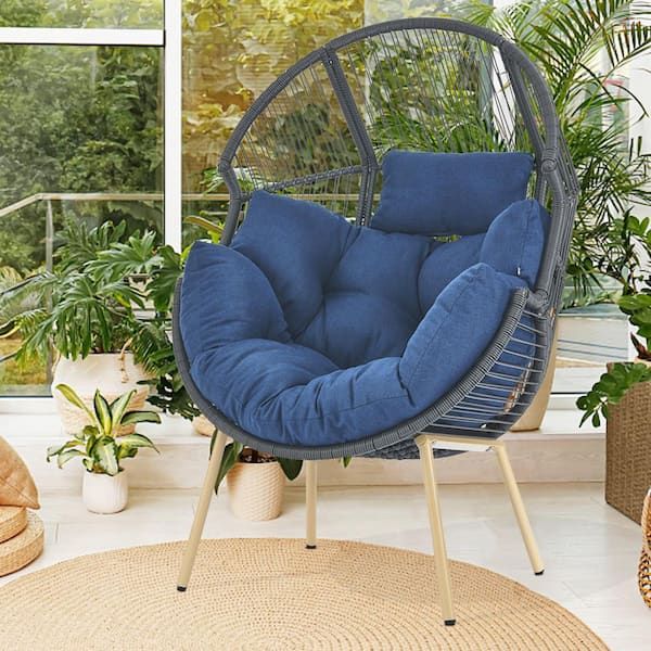 Patio Gray Wicker Egg Chair Outdoor Lounge Chair with Blue Cushion