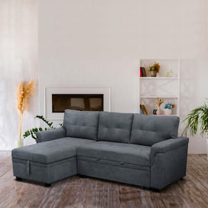 84.64 in. Velvet L-Shaped Sleeper Sectional Sofa with Square Arms in Dark Gray, Reversible Chaise, and Pull-out Sofa Bed