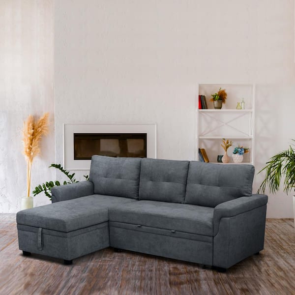 HOMESTOCK 84.64 in. Velvet L Shaped Sleeper Sectional Sofa with Square Arms in Dark Gray Reversible Chaise and Pull out Sofa Bed 40350HDC The Home Depot