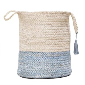 Amara Two-Tone Off-White / Blue 19 in. Jute Decorative Storage Basket with Handles