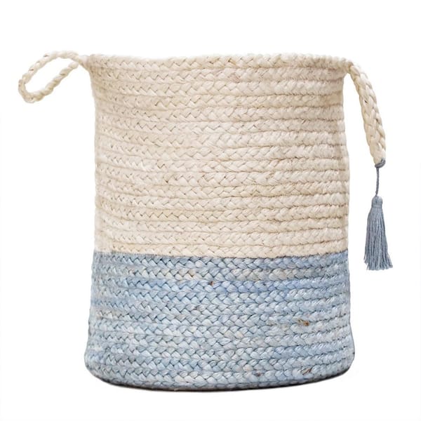 Unbranded Amara Two-Tone Off-White / Blue 19 in. Jute Decorative Storage Basket with Handles