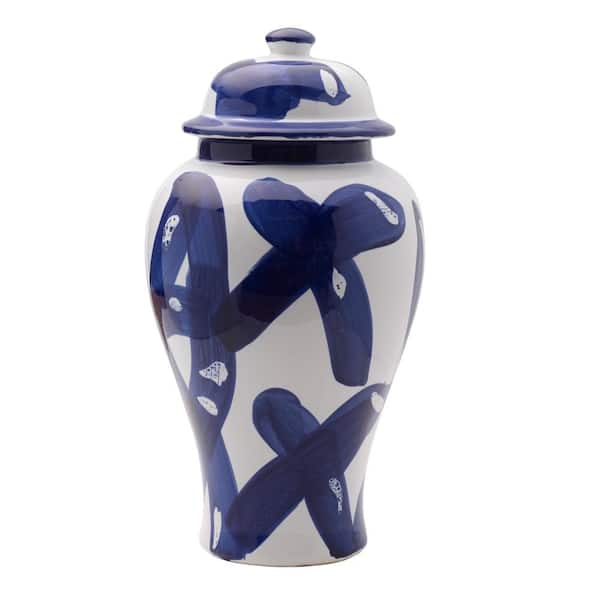 Mikasa Blue and White Landscape Round Ceramic Ginger Jar, Store Small Household Items or Display Faux Florals, 15 in.