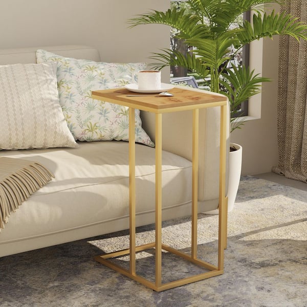 FUIN Farmhouse 11.42 in. Gold Wood C-Shaped End Table with Metal Frame