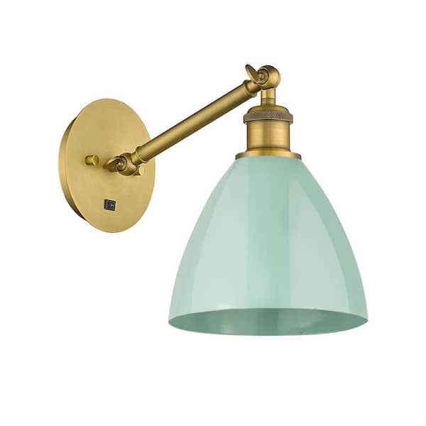 Innovations Plymouth Dome 1-Light Brushed Brass, Seafoam Wall Sconce with Green Metal Shade